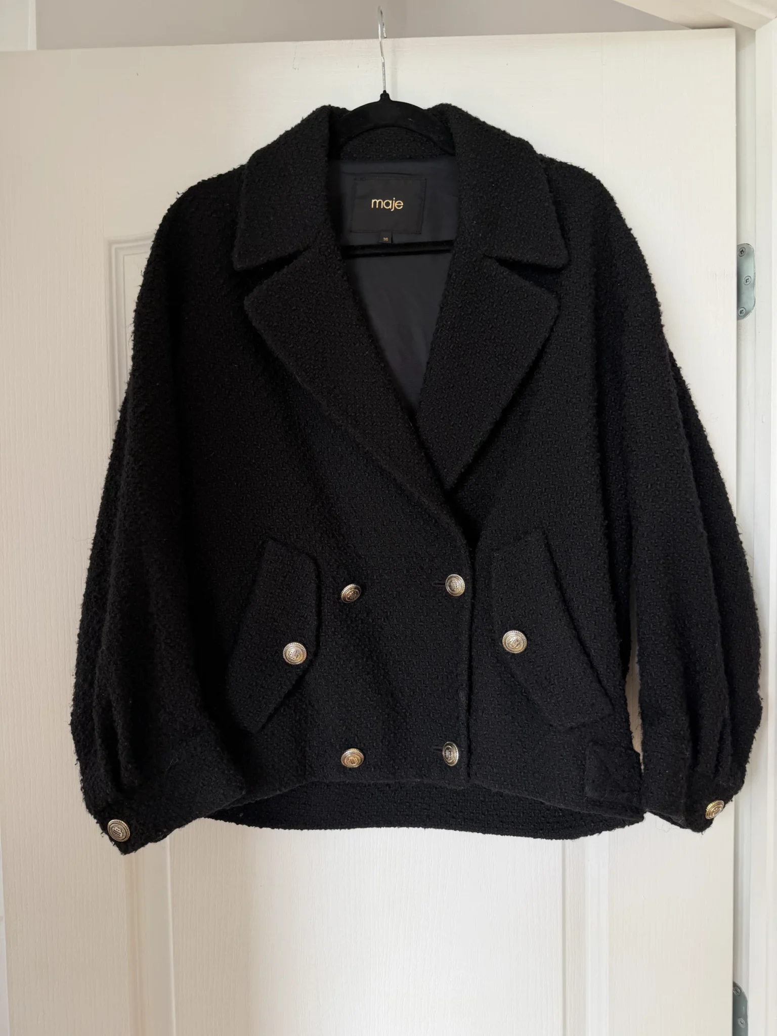Image for Manteau court Maje noir avec bouton doré taille 36 effet tweed