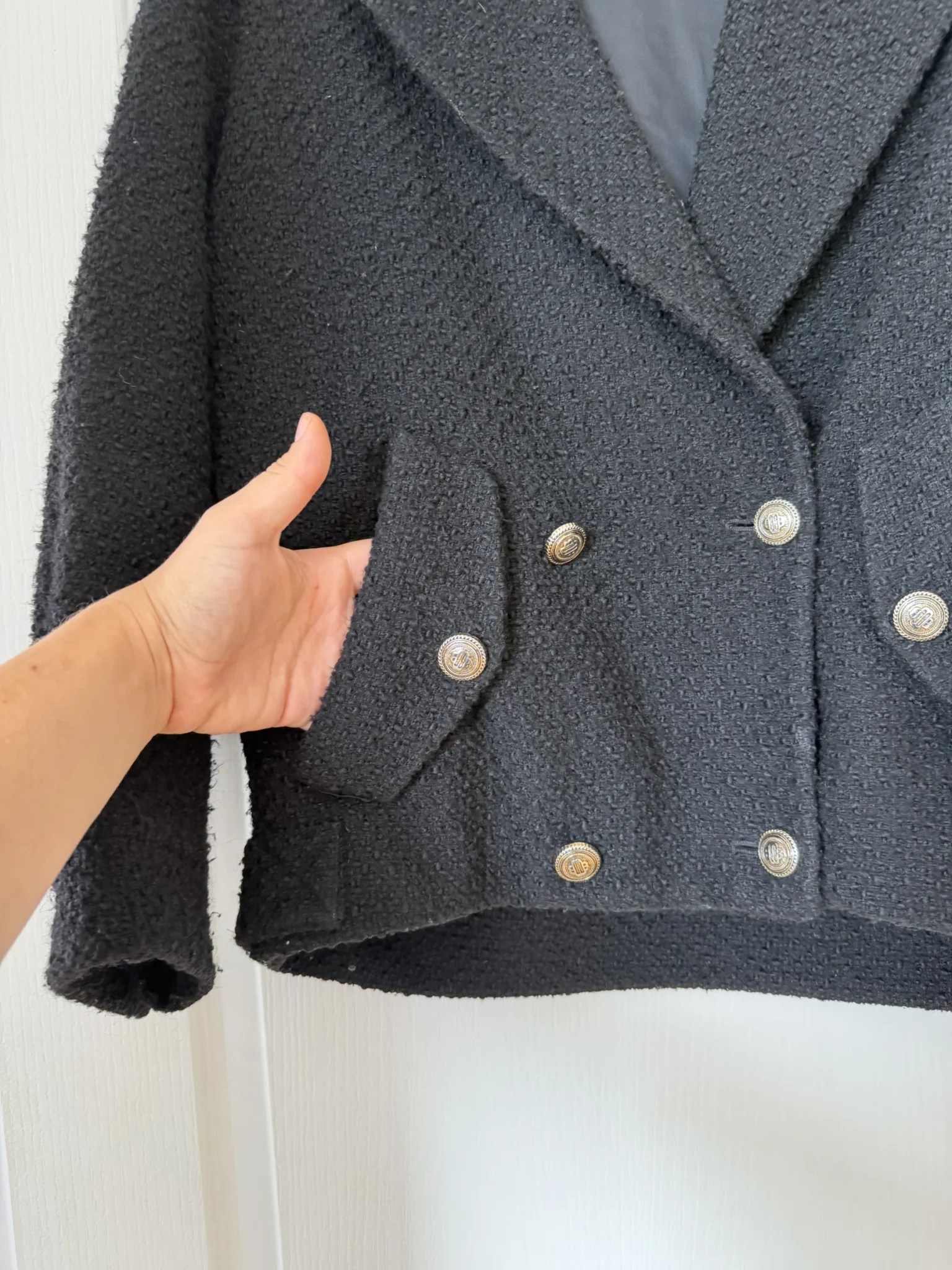 Image for Manteau court Maje noir avec bouton doré taille 36 effet tweed