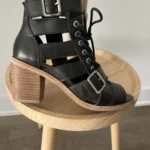 Featured thumbnail for High-heeled gladiator-style sandals in leather and faux leather
