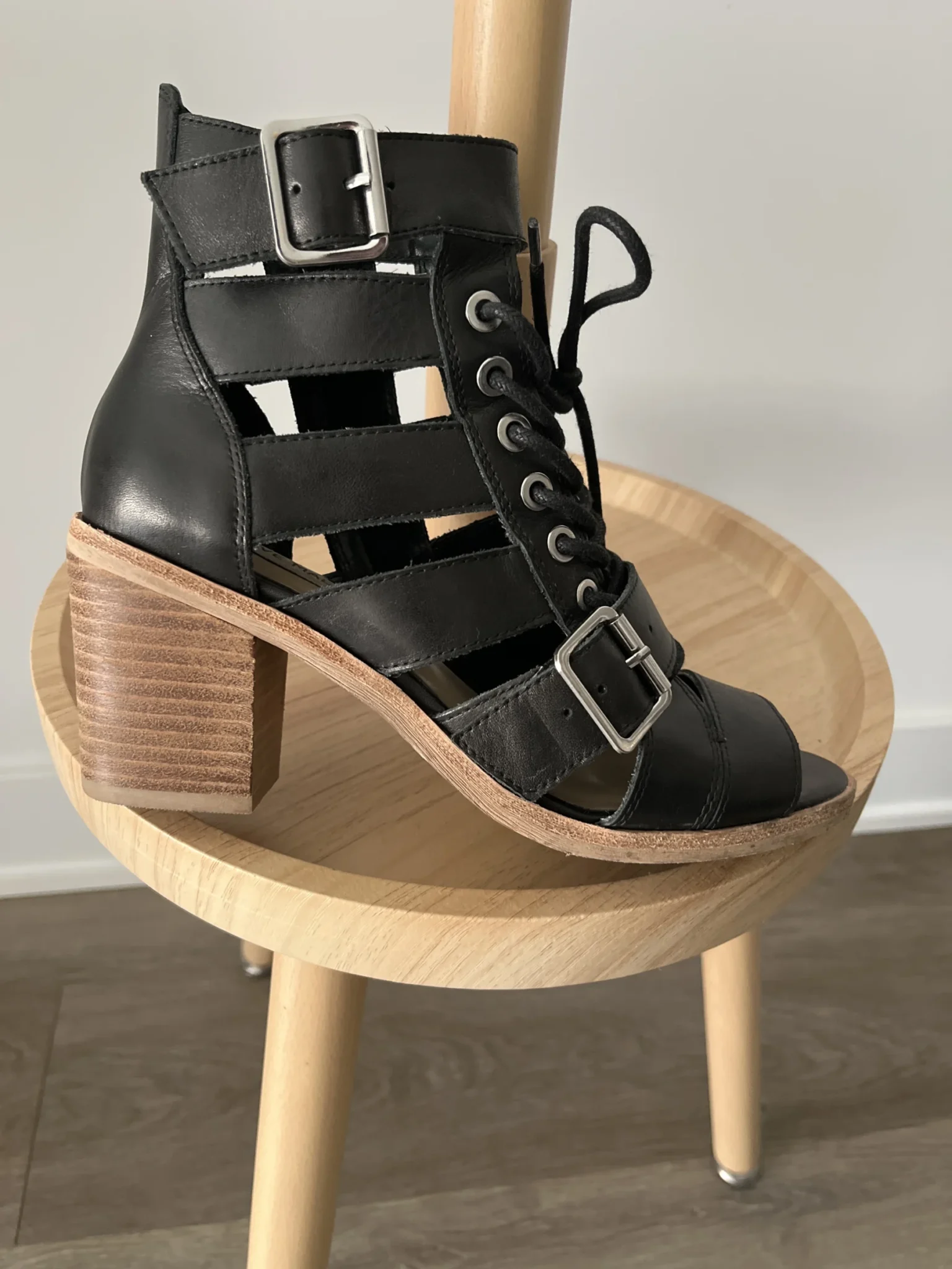 Featured image for High-heeled gladiator-style sandals in leather and faux leather