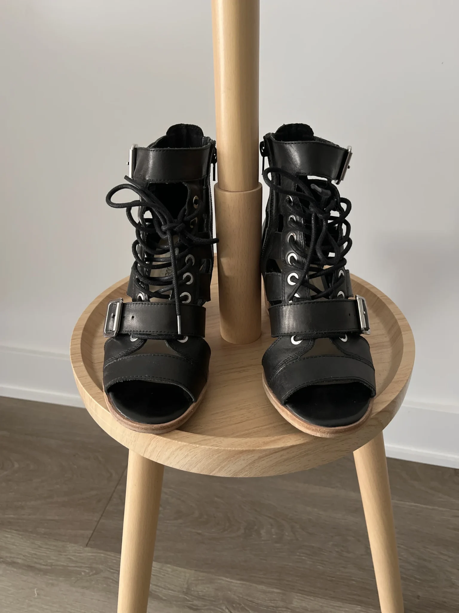 Image for High-heeled gladiator-style sandals in leather and faux leather