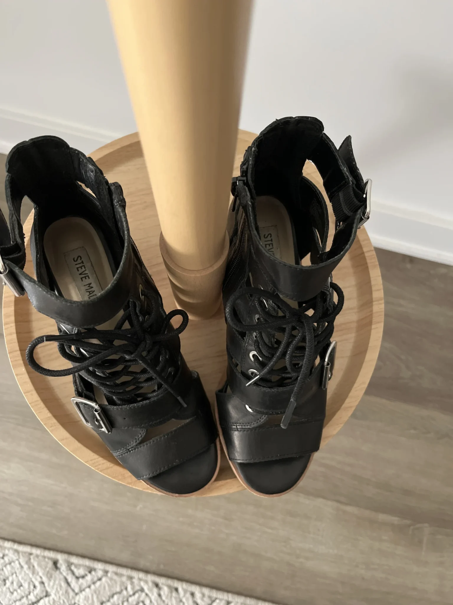Image for High-heeled gladiator-style sandals in leather and faux leather
