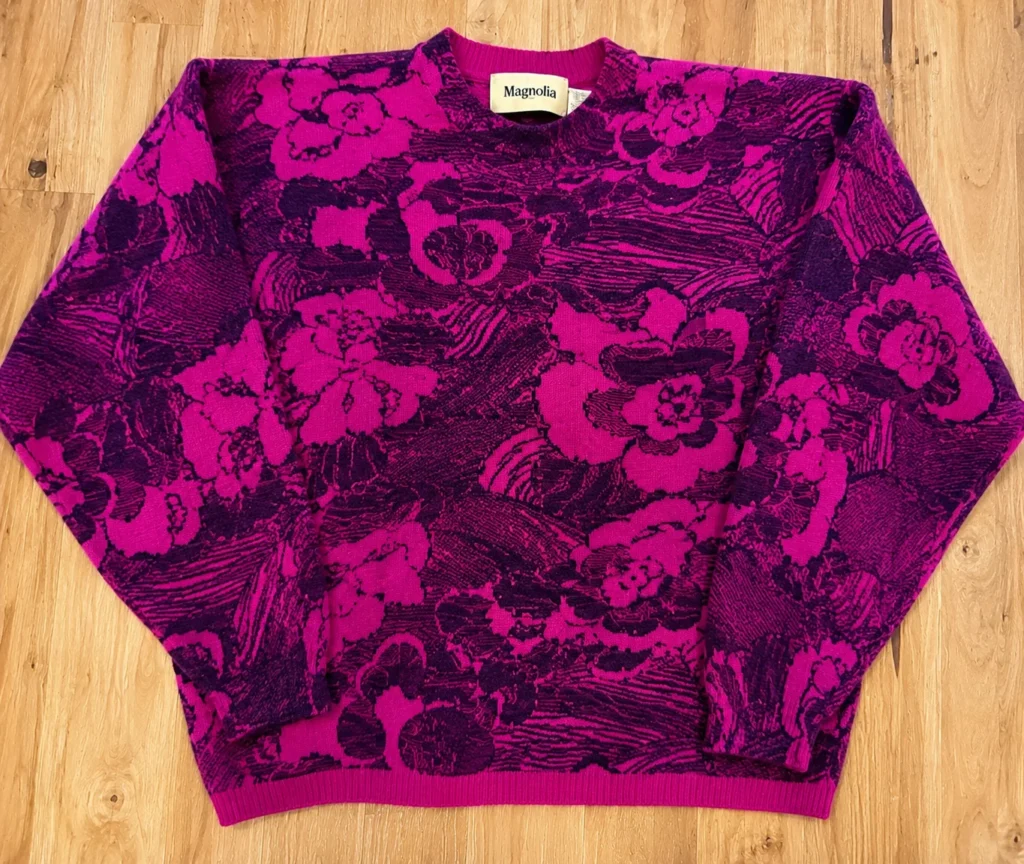 Featured image for Magnolia – Vintage floral jumper in fuchsia and plum – Lambswool and angora