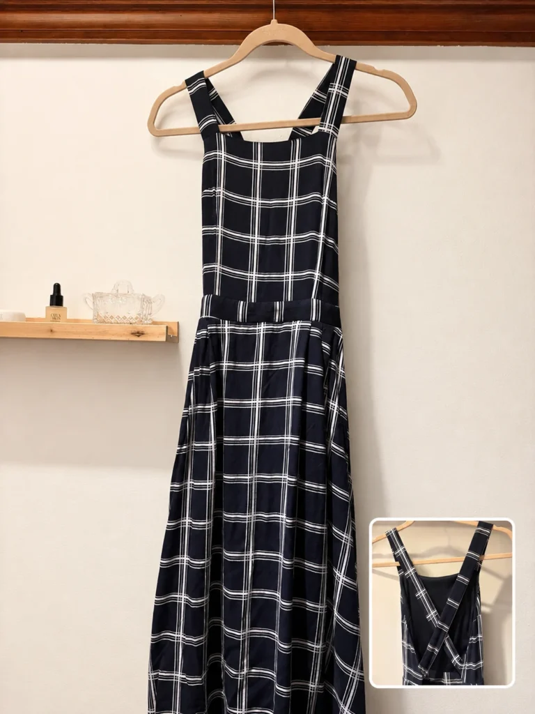 Featured image for HYFVE maxi dress, size M, very dark navy blue with a white checked pattern