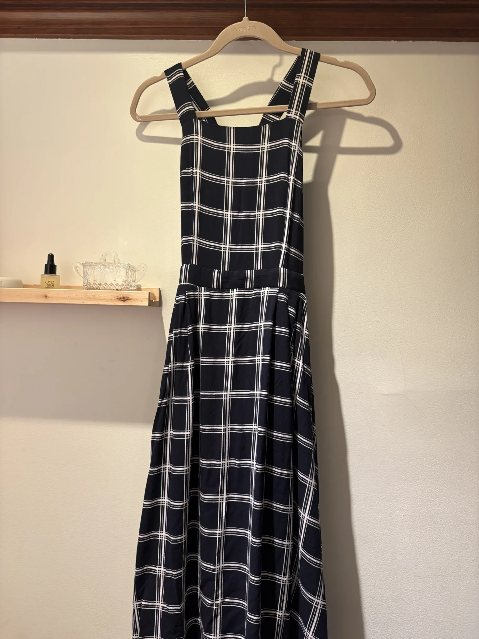 Image for HYFVE maxi dress, size M, very dark navy blue with a white checked pattern