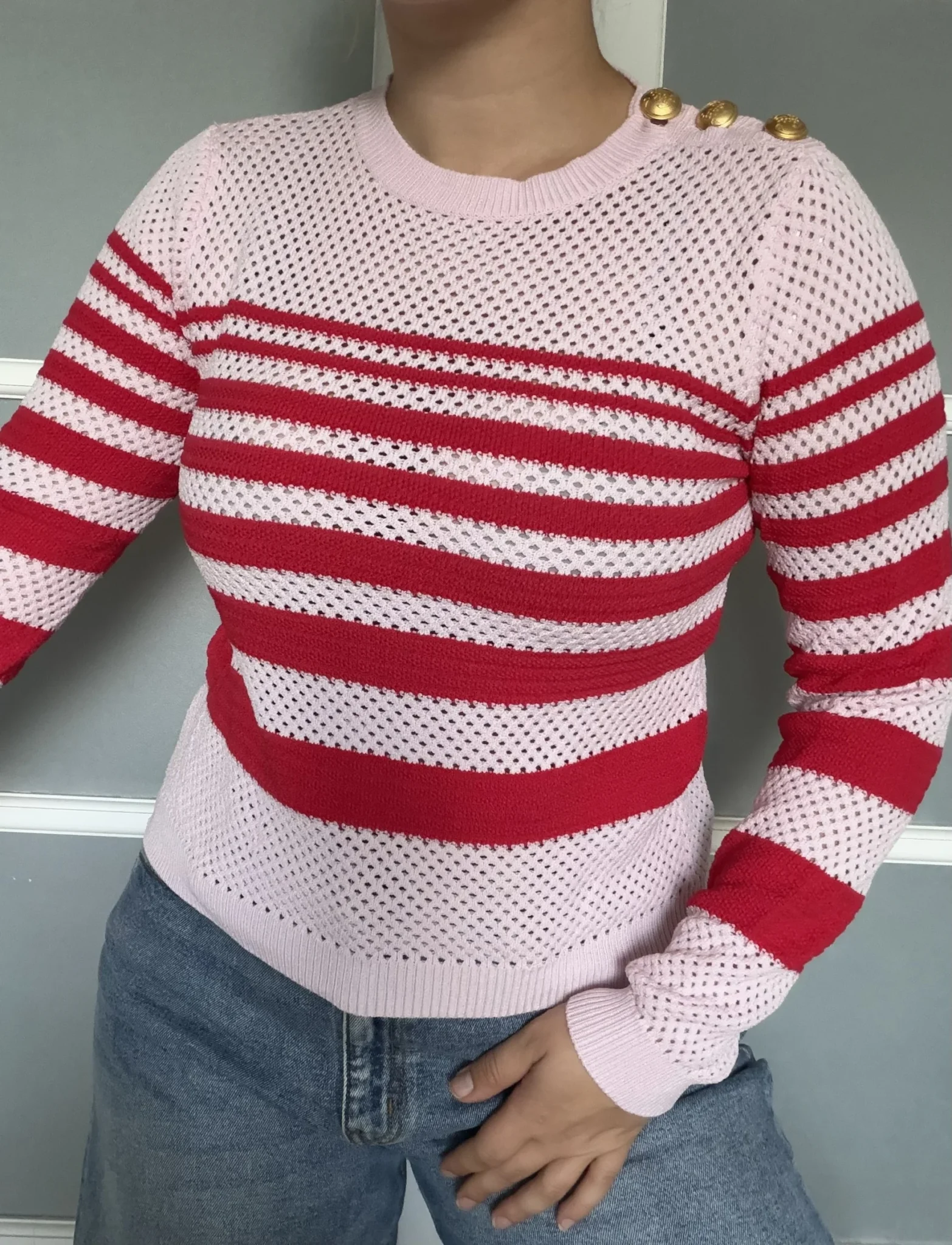 Featured image for Pinko women’s red and pink jumper, size L, with gold buttons