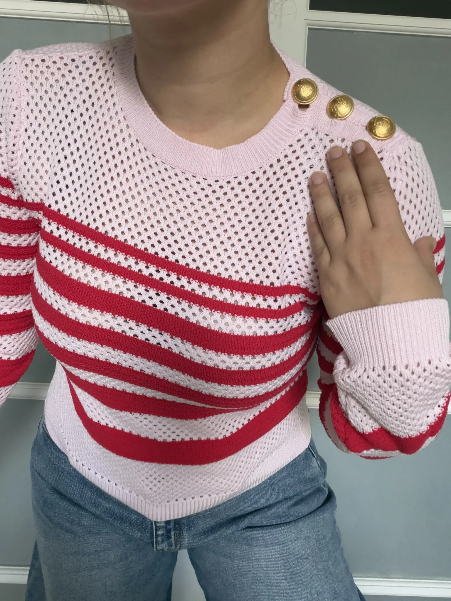 Image for Pinko women’s red and pink jumper, size L, with gold buttons