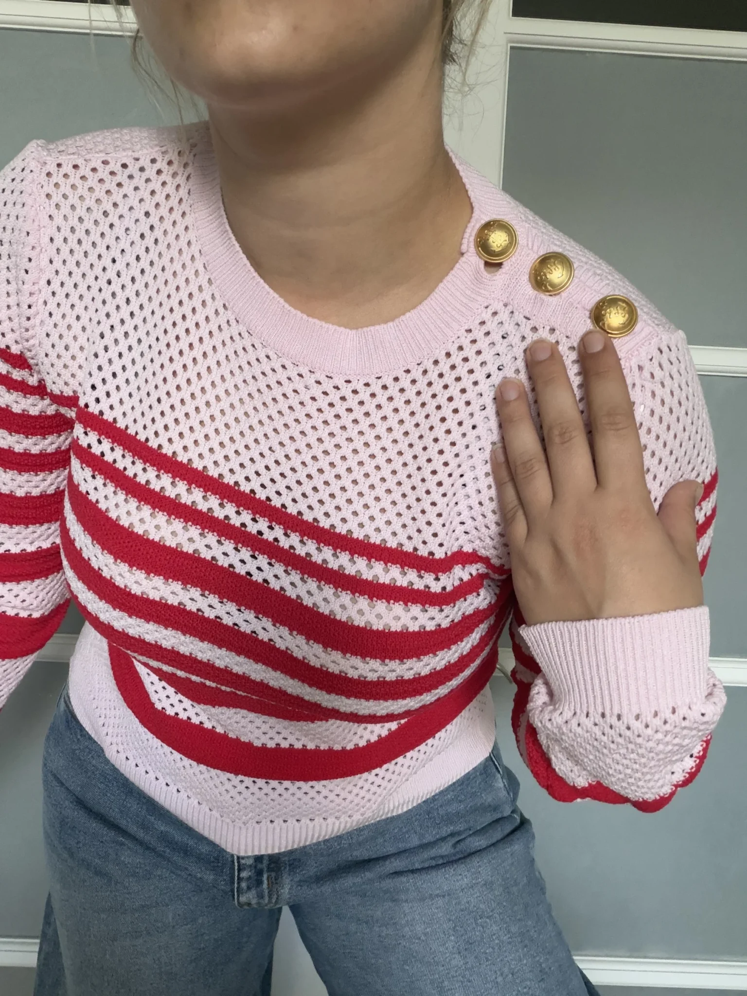 Image for Pinko women’s red and pink jumper, size L, with gold buttons