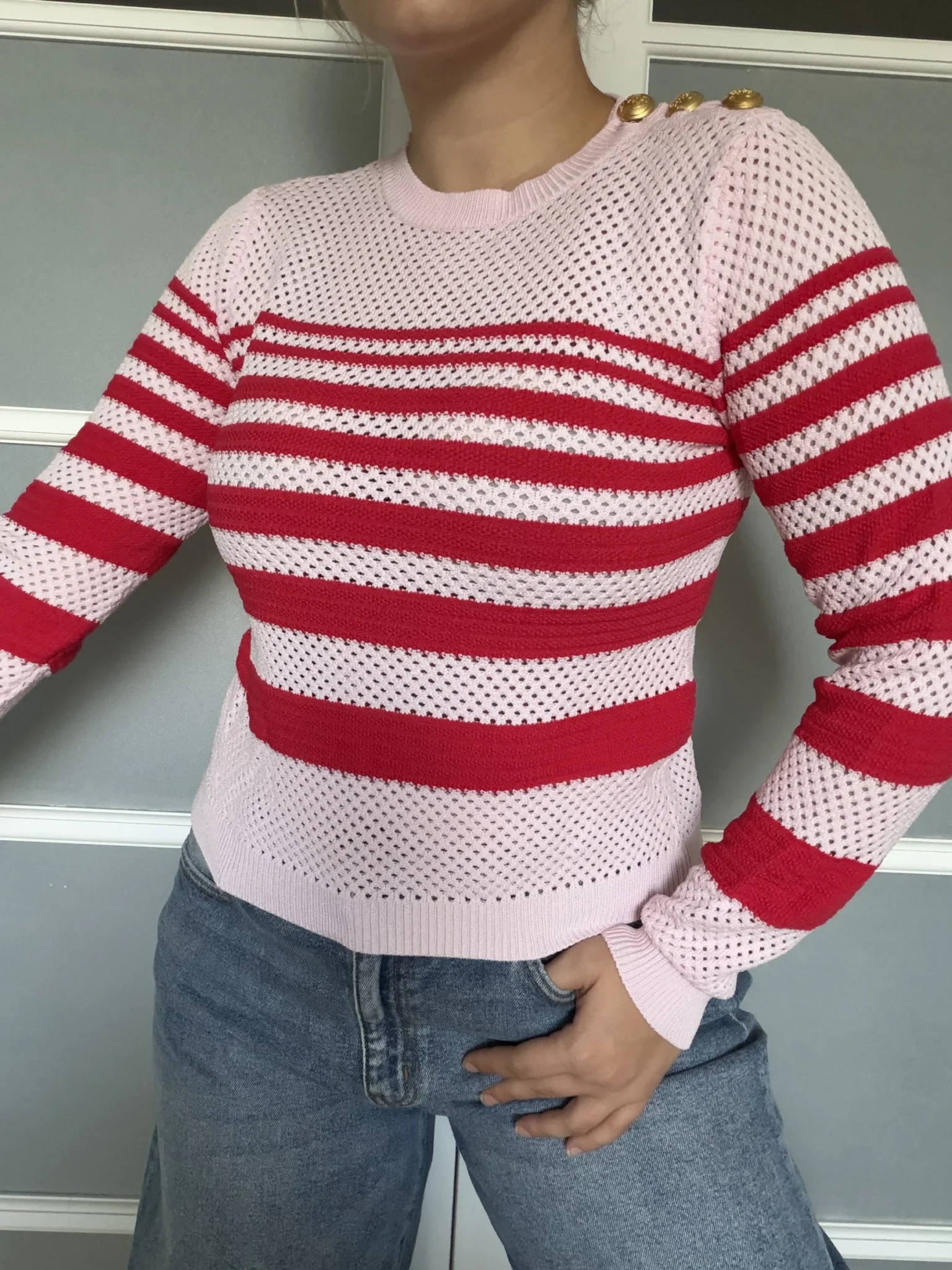 Image for Pinko women’s red and pink jumper, size L, with gold buttons