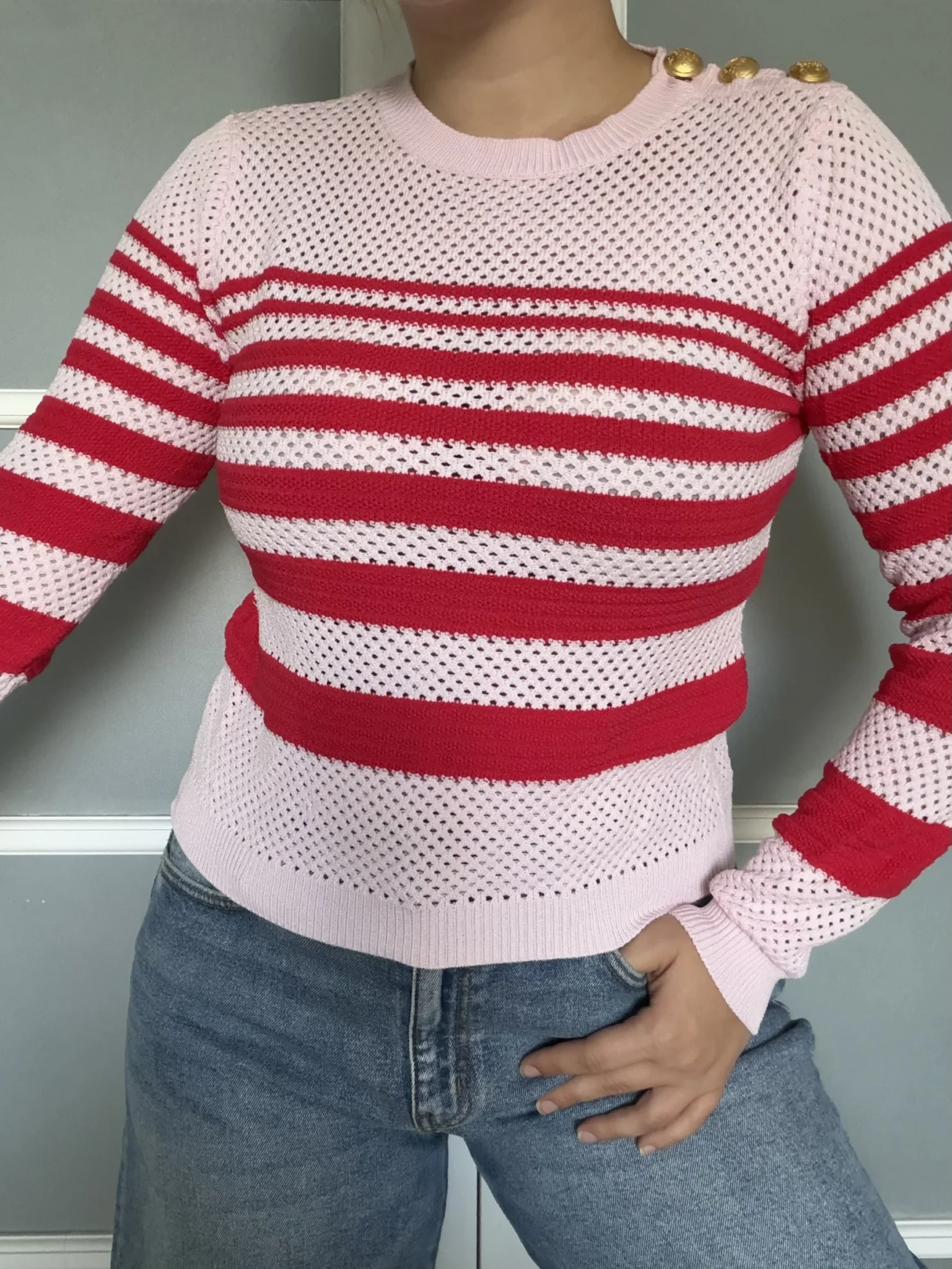 Image for Pinko women’s red and pink jumper, size L, with gold buttons