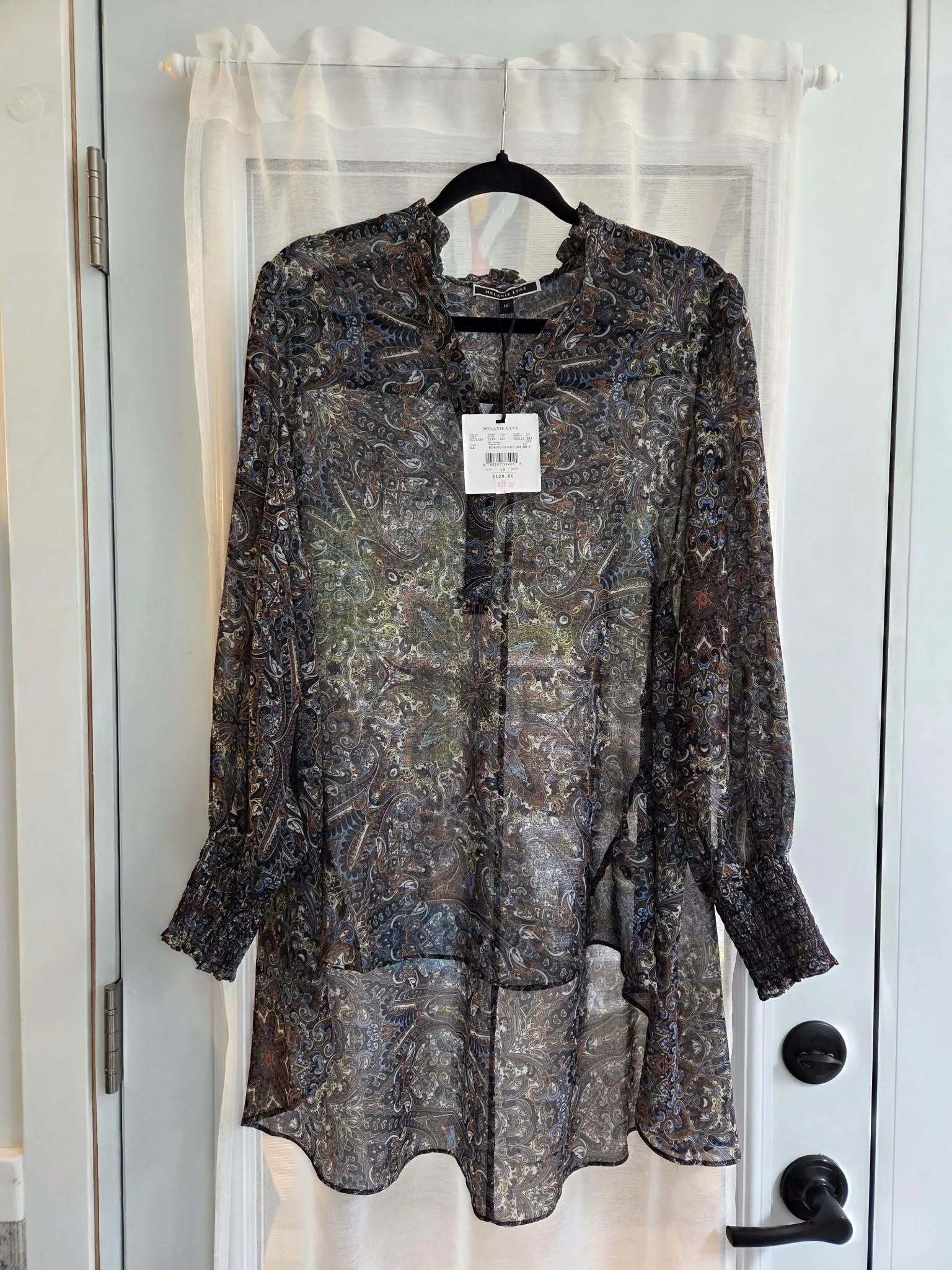 ✨Neuf ✨ Blouse abstraite à col cranté Mélanie Lyne / Motif bleu / 10 *Autre seconde main