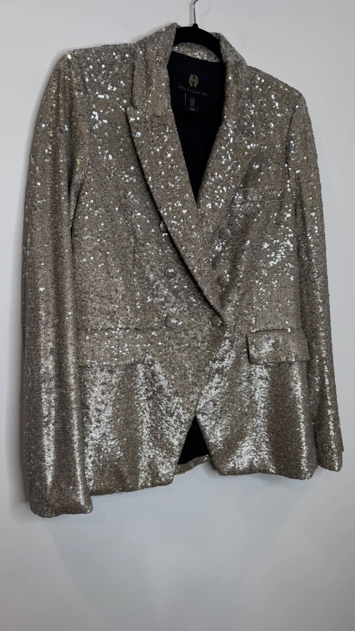 Image for HOUSE OF HARLOW Double-breasted sequinned blazer in Champagne, size M, evening glamour