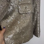 Thumbnail for HOUSE OF HARLOW Double-breasted sequinned blazer in Champagne, size M, evening glamour