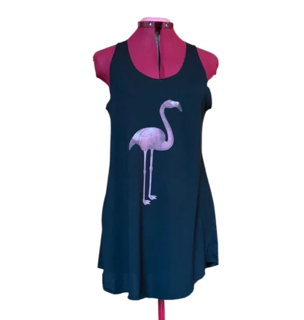 Image for ANANAS AND BANANAS - Débardeur-Tunique Noir Imprimé Flamant Rose Boho Asymétrique Medium