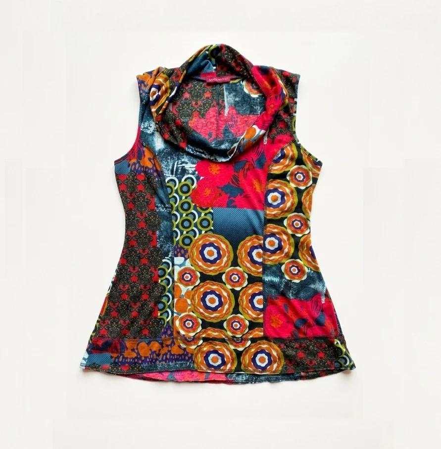 SAN FRANCISCO - Haut Tunic  Col Bénitier Multicolore Imprimé Rétro Patchwork Style Boho - Large *Autre seconde main