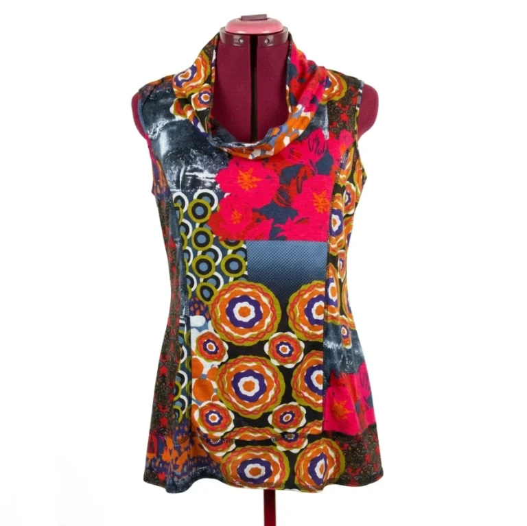 Image for SAN FRANCISCO - Haut Tunic  Col Bénitier Multicolore Imprimé Rétro Patchwork Style Boho - Large
