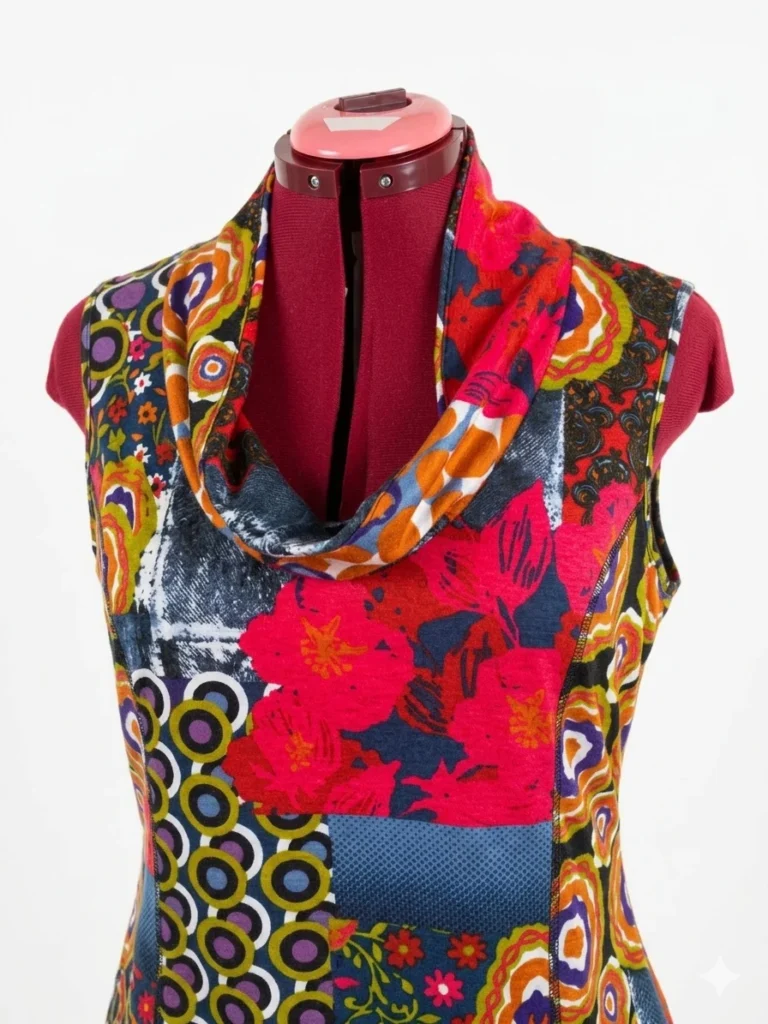 Image for SAN FRANCISCO - Haut Tunic  Col Bénitier Multicolore Imprimé Rétro Patchwork Style Boho - Large