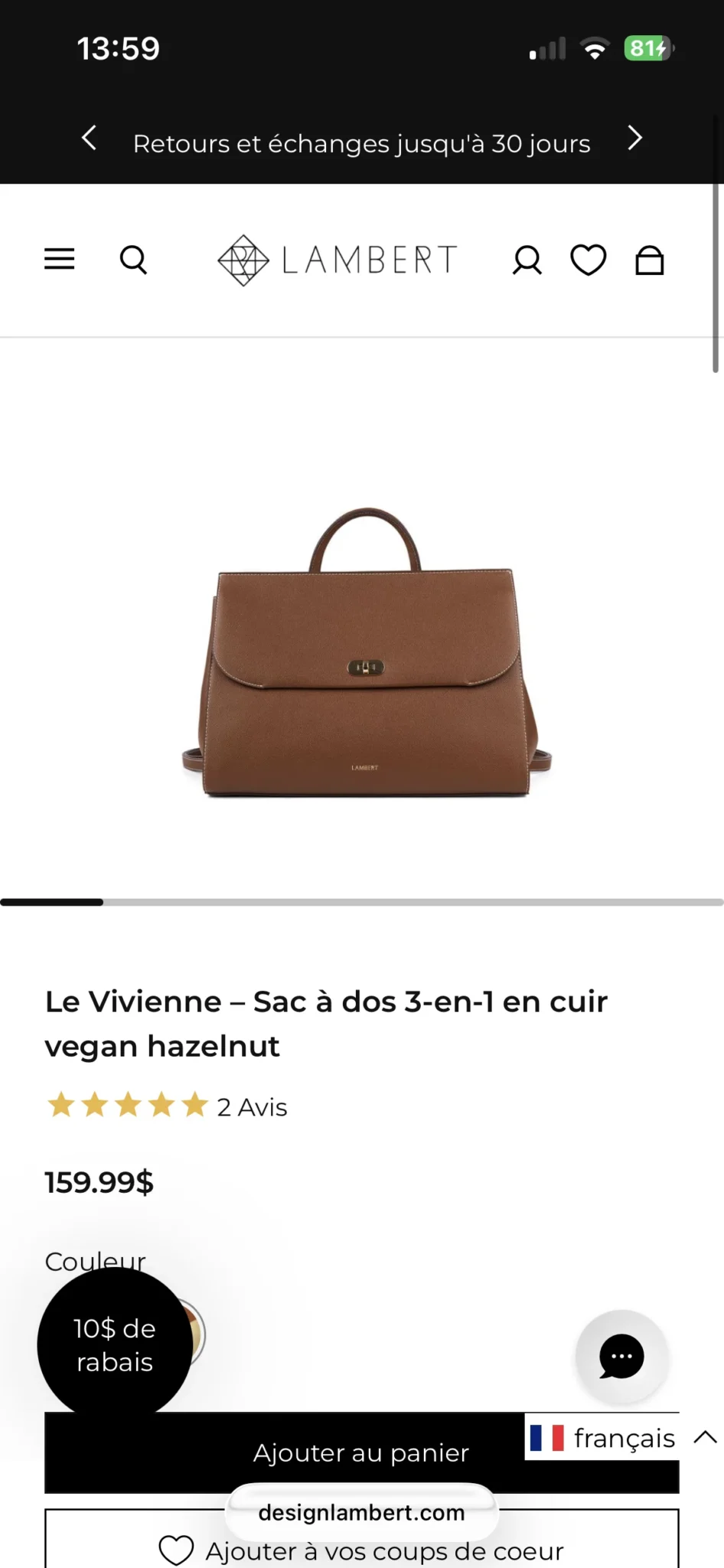 Image for Magnifique sac Lambert avec détails dorés