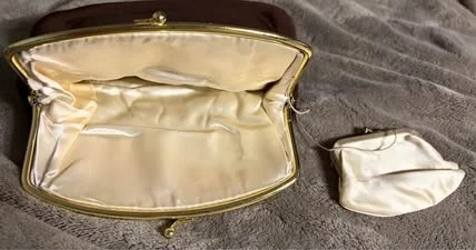 Image for Vintage ST. JOHN evening clutch bag with built-in mini purse – Brown & Gold