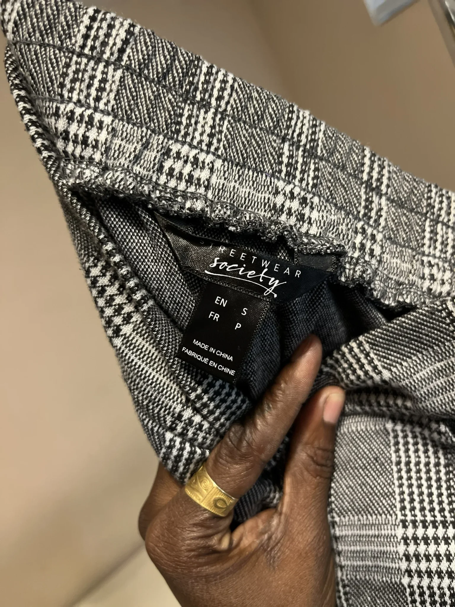 Image for High-waisted checked skinny trousers, size M, black and white