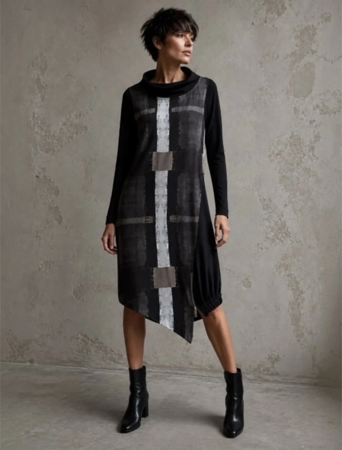 Featured image for Naya abstract print dress – Size Small – Black, taupe and grey – Funnel neck – Made in Poland