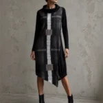 Featured thumbnail for Naya abstract print dress – Size Small – Black, taupe and grey – Funnel neck – Made in Poland