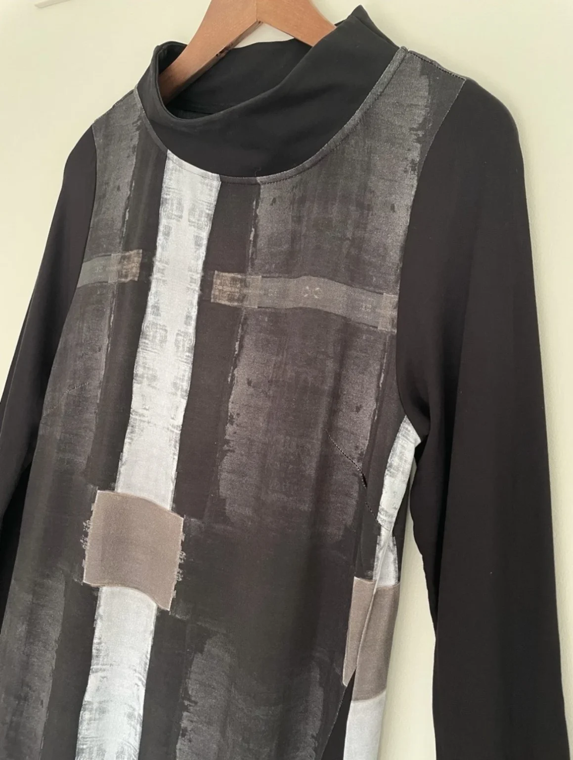 Image for Naya abstract print dress – Size Small – Black, taupe and grey – Funnel neck – Made in Poland