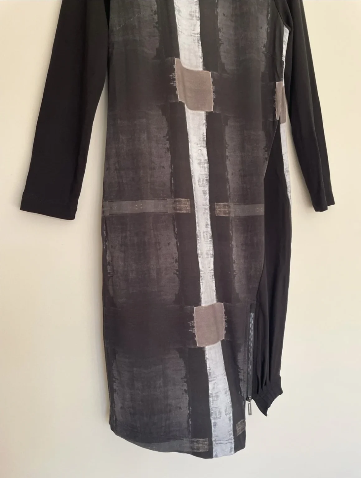 Image for Naya abstract print dress – Size Small – Black, taupe and grey – Funnel neck – Made in Poland