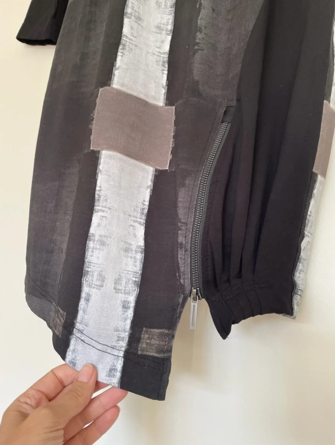 Image for Naya abstract print dress – Size Small – Black, taupe and grey – Funnel neck – Made in Poland