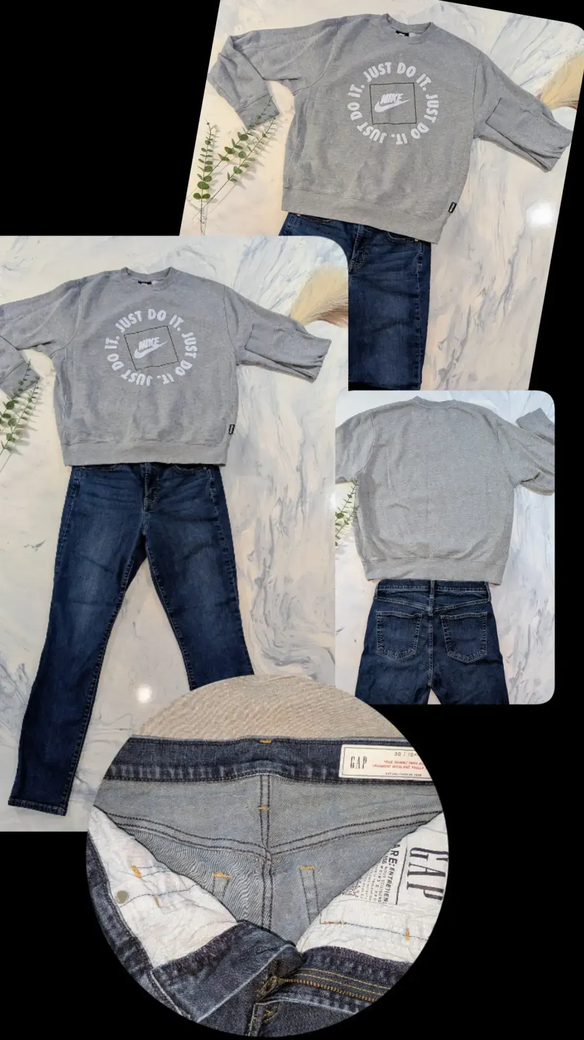Complete Outfit, Size M – NIKE Grey ‘Just Do It’ Quilted Cotton Top + GAP True Skinny Jeans, Size 30 Nike seconde main