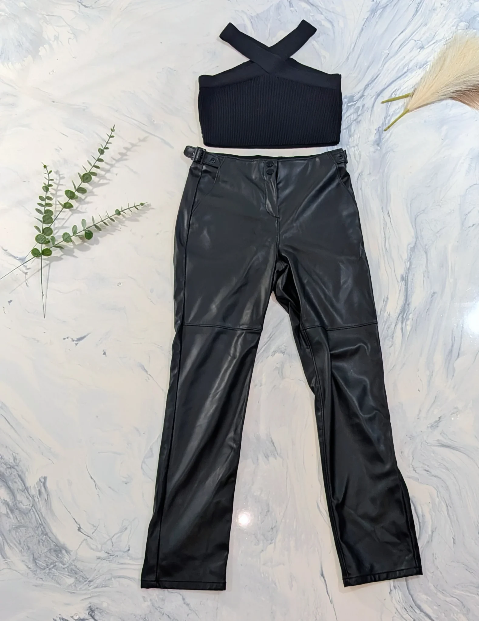 Image for Chic Evening Outfit – TRISTAN Faux Leather Trousers, Size 2 + Black Crop Top, Size M