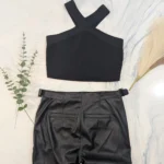 Thumbnail for Chic Evening Outfit – TRISTAN Faux Leather Trousers, Size 2 + Black Crop Top, Size M