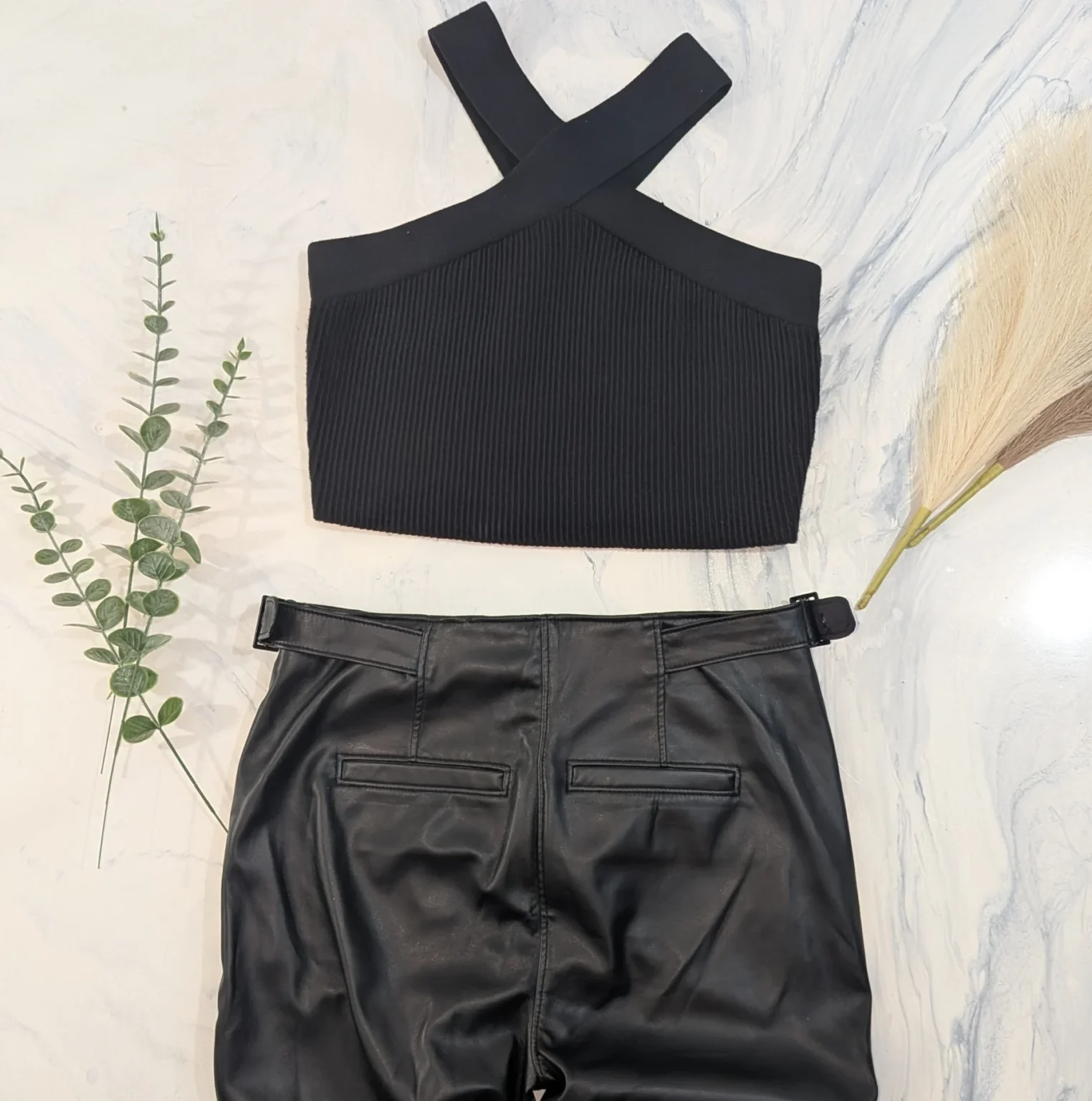Image for Chic Evening Outfit – TRISTAN Faux Leather Trousers, Size 2 + Black Crop Top, Size M