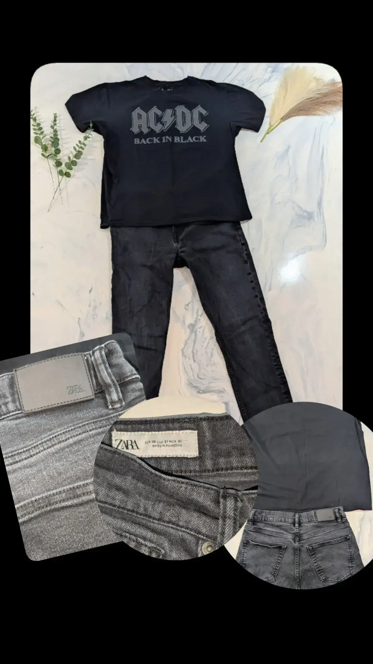 Outfit M / 31 – AC/DC ‘Back in Black’ T-shirt + ZARA black faded jeans Zara seconde main