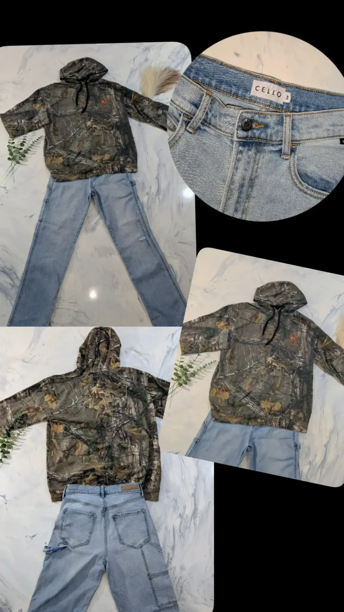 Featured image for Set /  - REALTREE Camo Khaki hoodie (L) + (3) CELLO Baggy Carpenter jeans