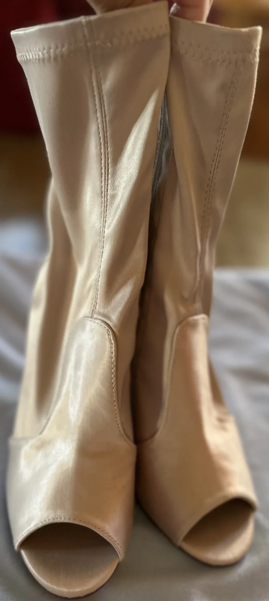 Image for Champagne-coloured satin heeled shoes