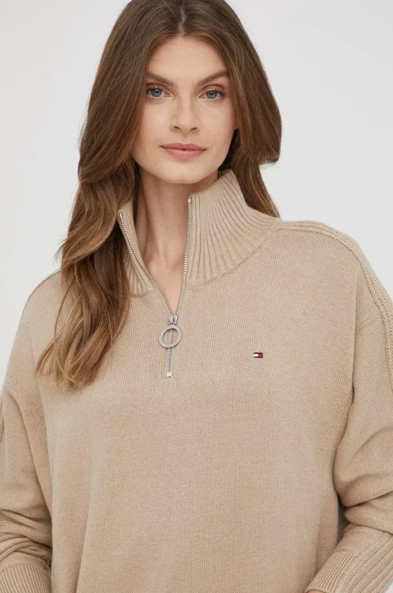 Image for Tommy Hilfiger jumper with a trucker collar, size S, light brown