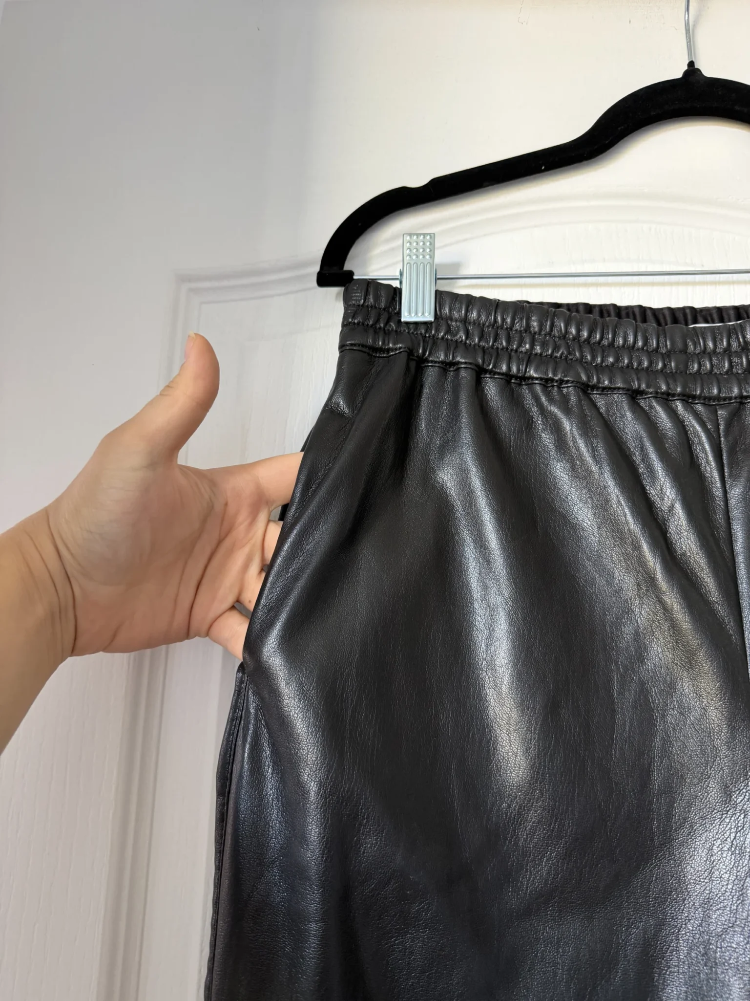 Image for Babaton trousers, size M, black faux leather, jogger-style