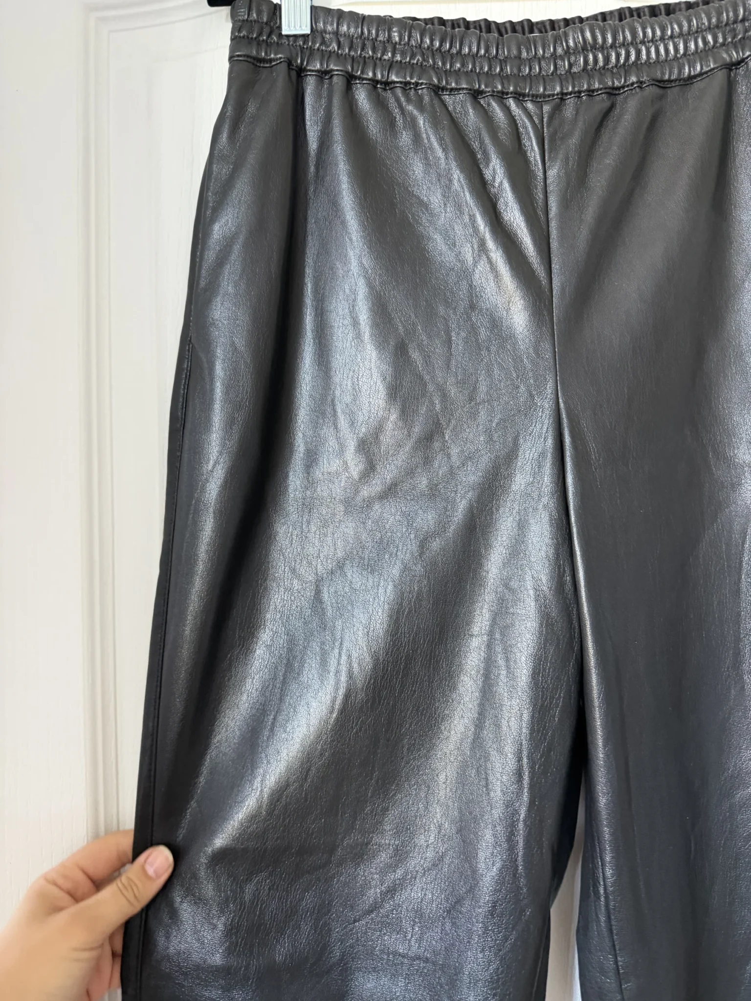 Image for Babaton trousers, size M, black faux leather, jogger-style