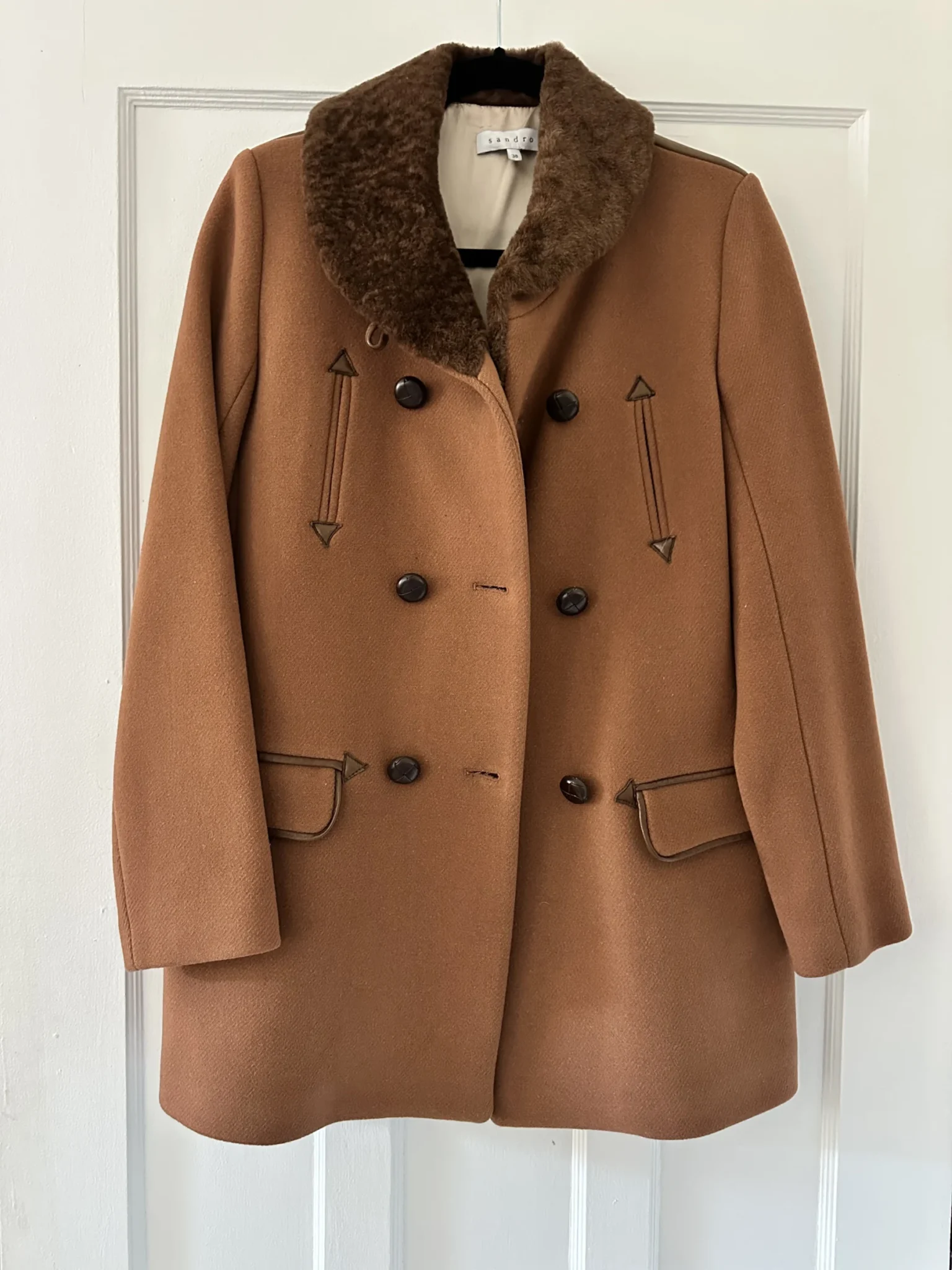 Image for Sandro wool coat with leather and fur detailing