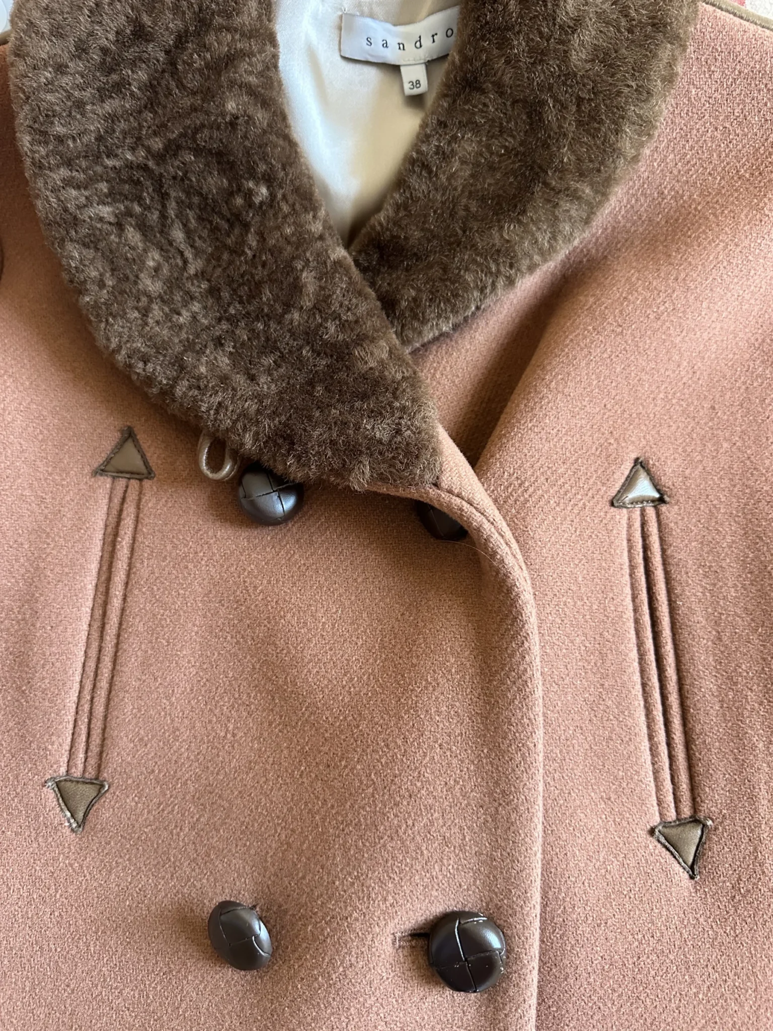 Image for Sandro wool coat with leather and fur detailing
