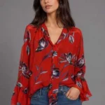 Thumbnail for MISA Los Angeles blouse, size L, red with floral patterns