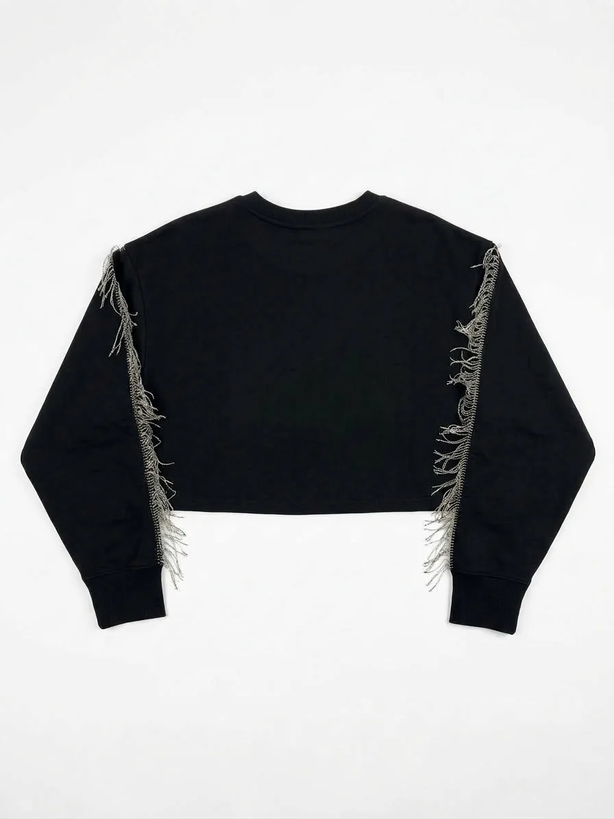 NOLI – Black cropped yoga/athleisure top with fringing and rhinestones – M *Other seconde main