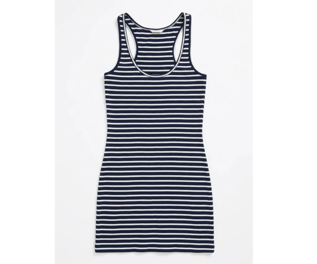 Featured image for LIFETIME – Navy blue and white striped, preppy-style fitted dress with a racerback – Spring/Summer
