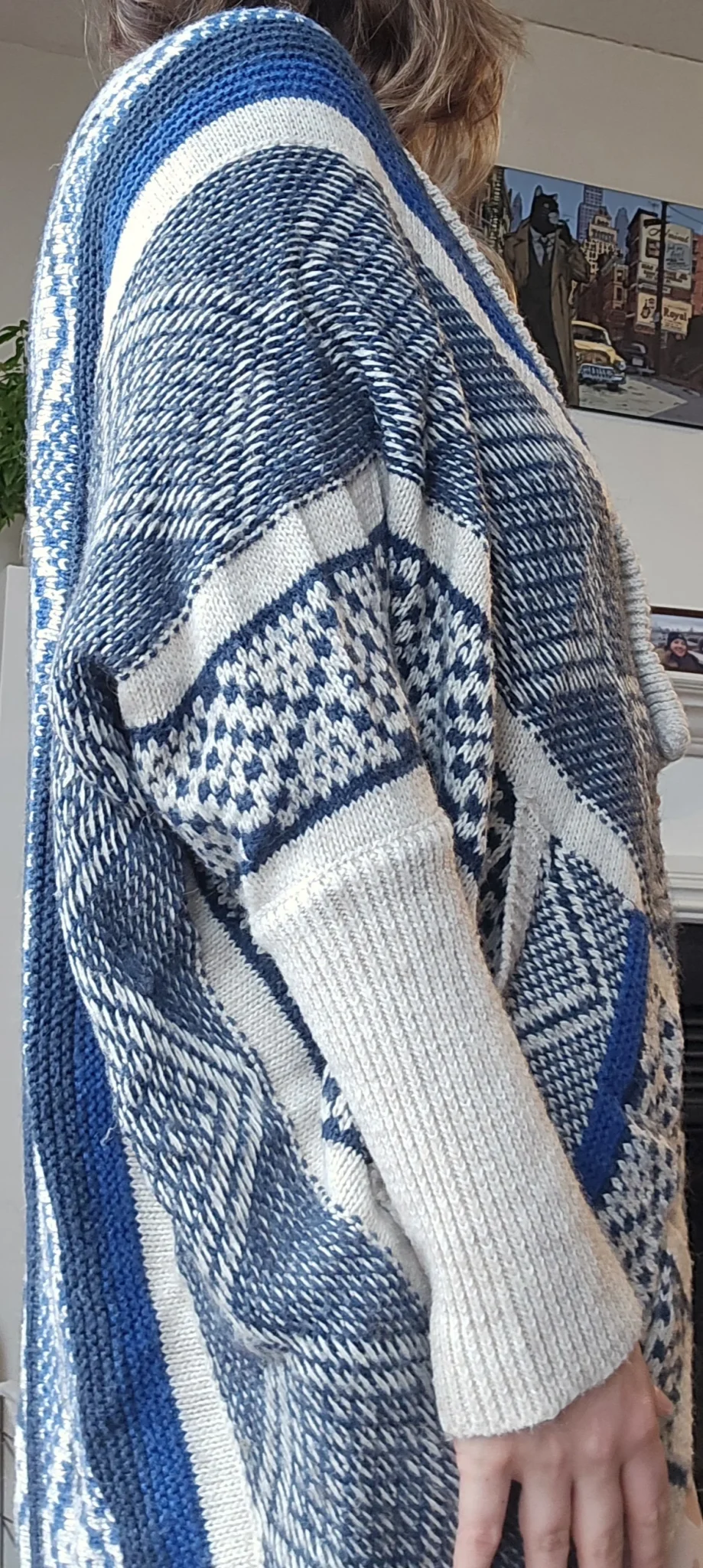 Featured image for Blue and beige braided poncho