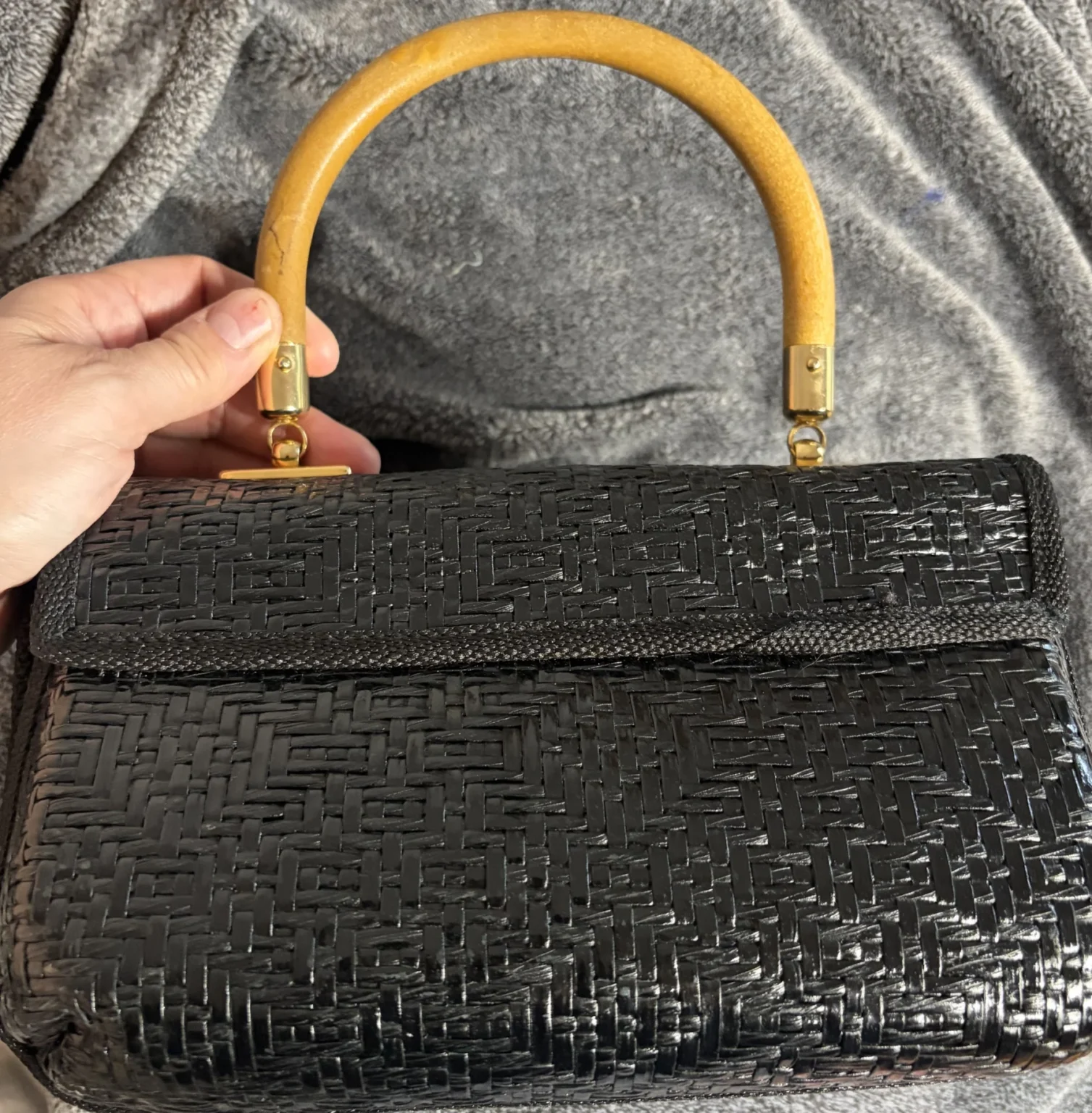 Image for Sac à main vintage ACCESS en osier laqué noir - Fabriqué en Italie (Années 1980)