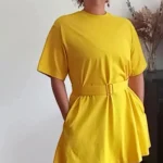 Featured thumbnail for Robe t-shirt jaune moutarde en coton avec ceinture (S)