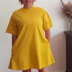 Thumbnail for Robe t-shirt jaune moutarde en coton avec ceinture (S)