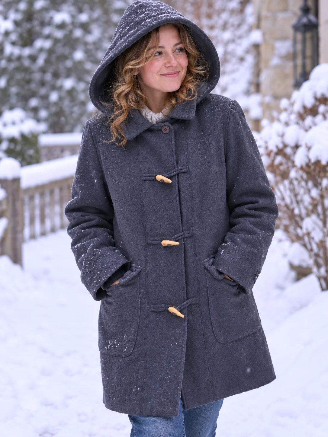 Vintage Duffle Coat with hood Wool Blend Blue Toggle Buttons Vintage seconde main