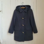 Thumbnail for Manteau Canadienne vintage à capuchon, bleu/gris, avec fermeture brandebourg style corne